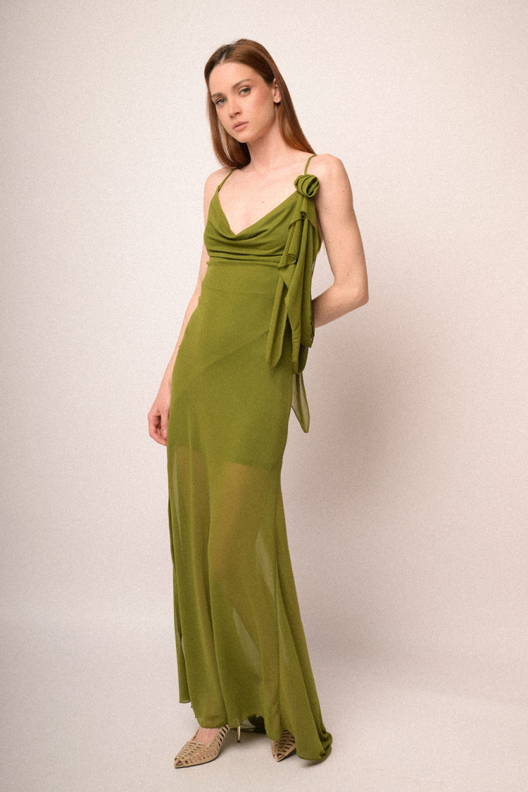 Pistachio green tulle 3D rose long dress