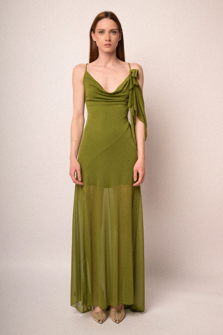 Pistachio green tulle 3D rose long dress