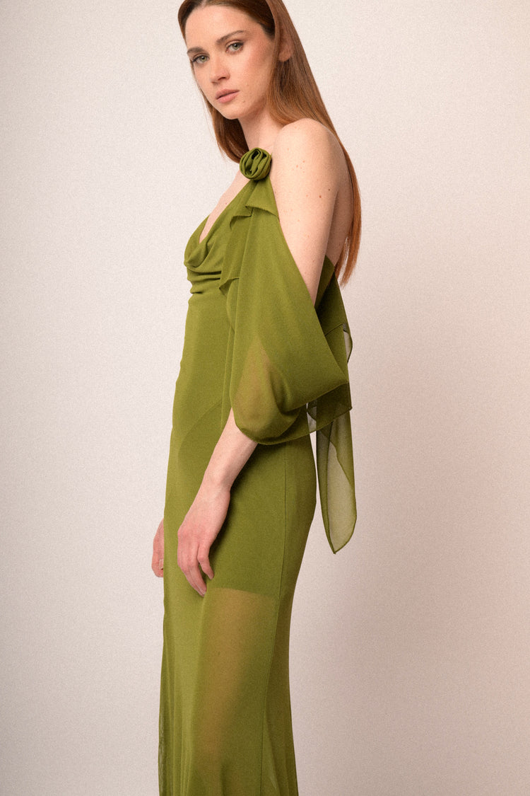 Pistachio green tulle 3D rose long dress