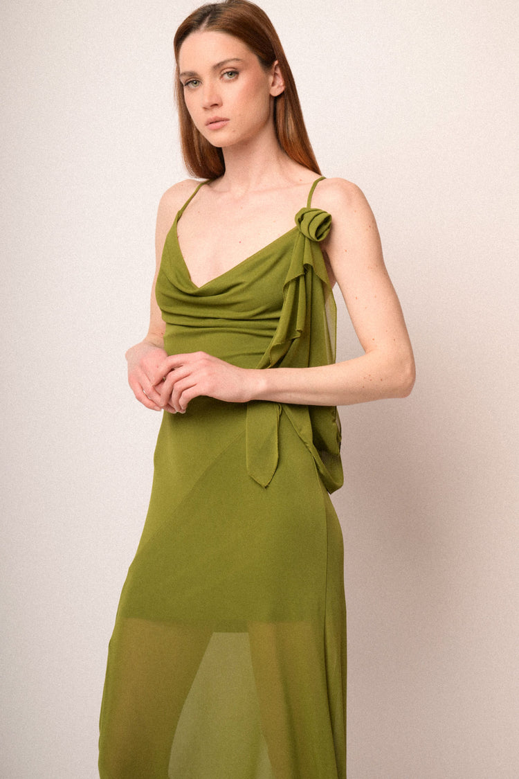 Pistachio green tulle 3D rose long dress