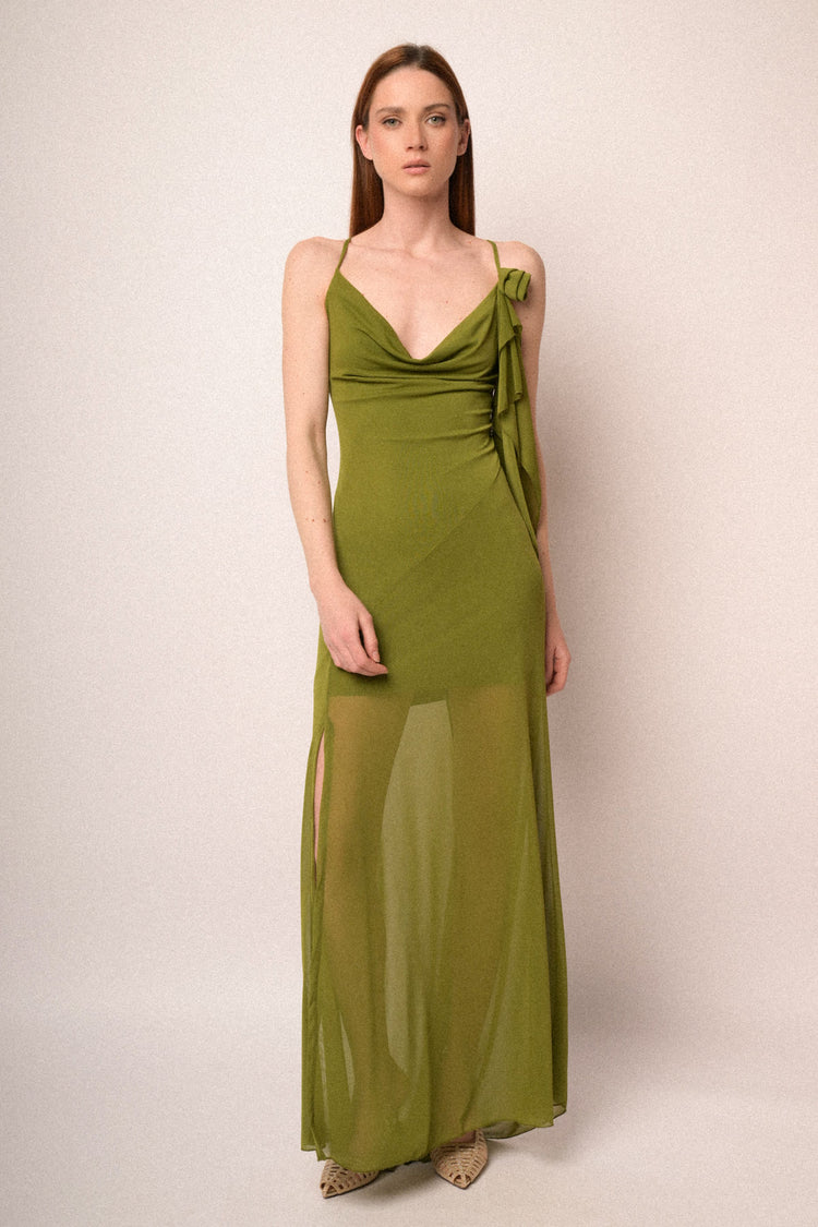 Pistachio green tulle 3D rose long dress