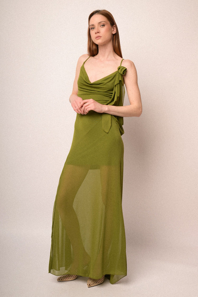 Pistachio green tulle 3D rose long dress