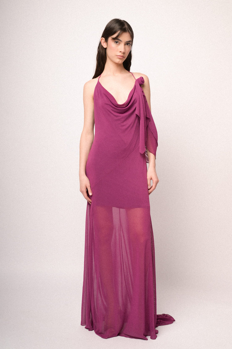 Fuchsia tulle 3D rose long dress