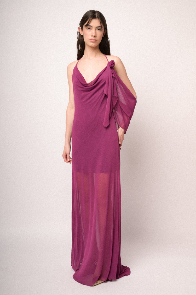 Fuchsia tulle 3D rose long dress