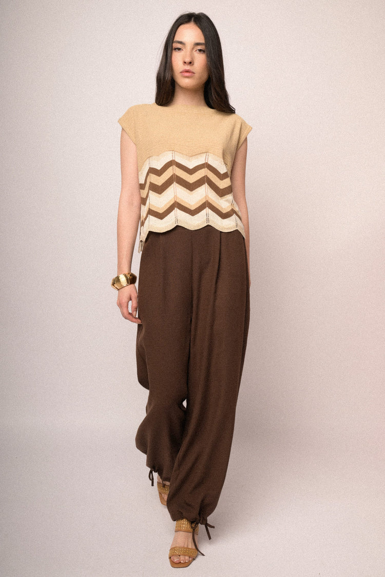 Chocolate drawstring hem wide-leg trousers