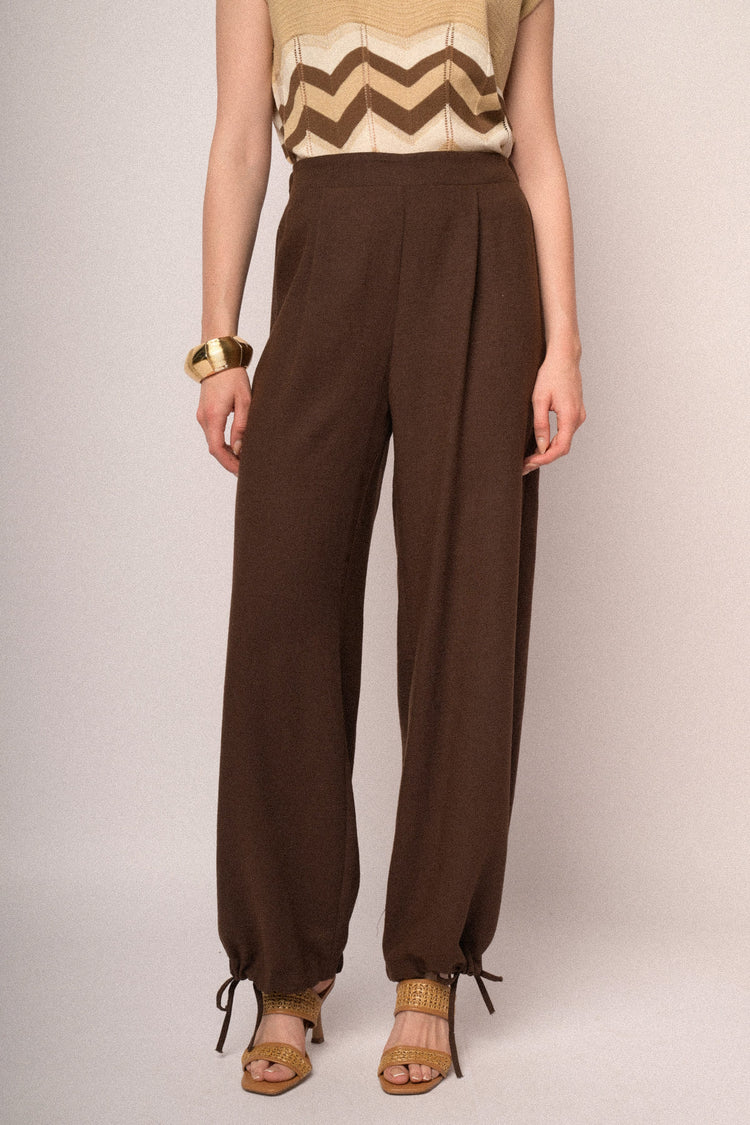 Chocolate drawstring hem wide-leg trousers