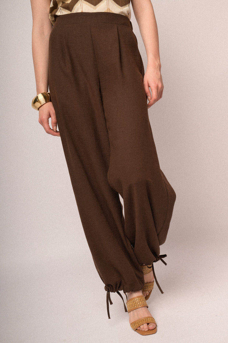 Chocolate drawstring hem wide-leg trousers