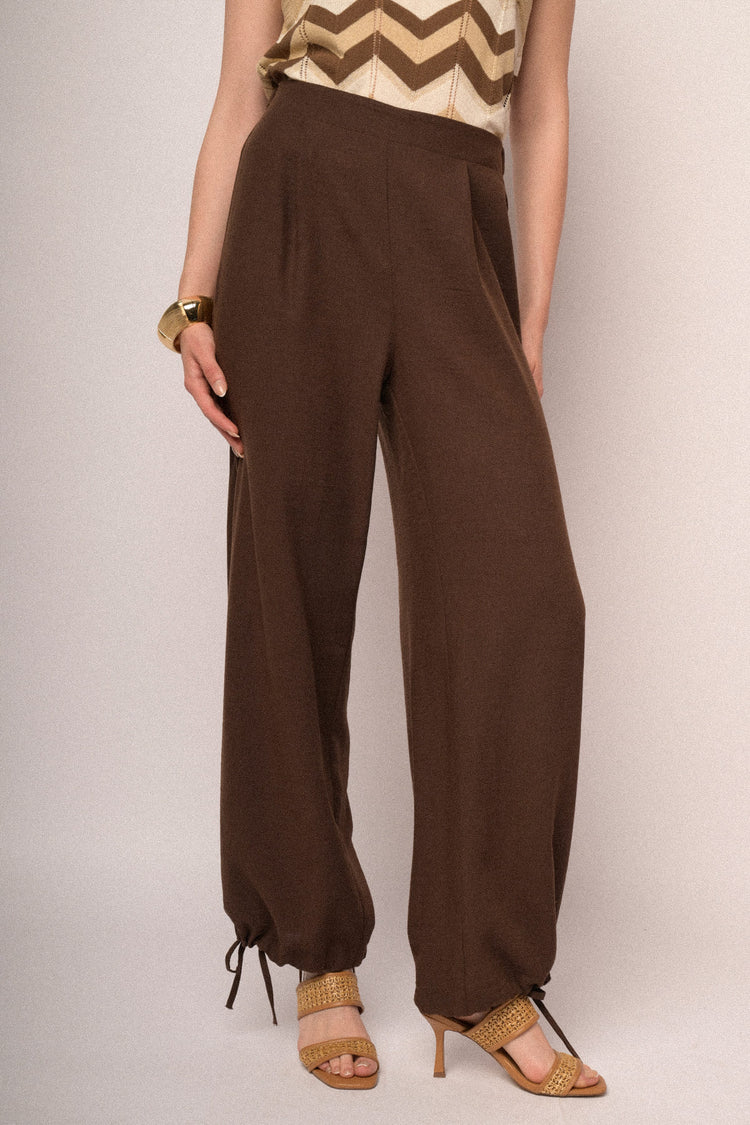 Chocolate drawstring hem wide-leg trousers
