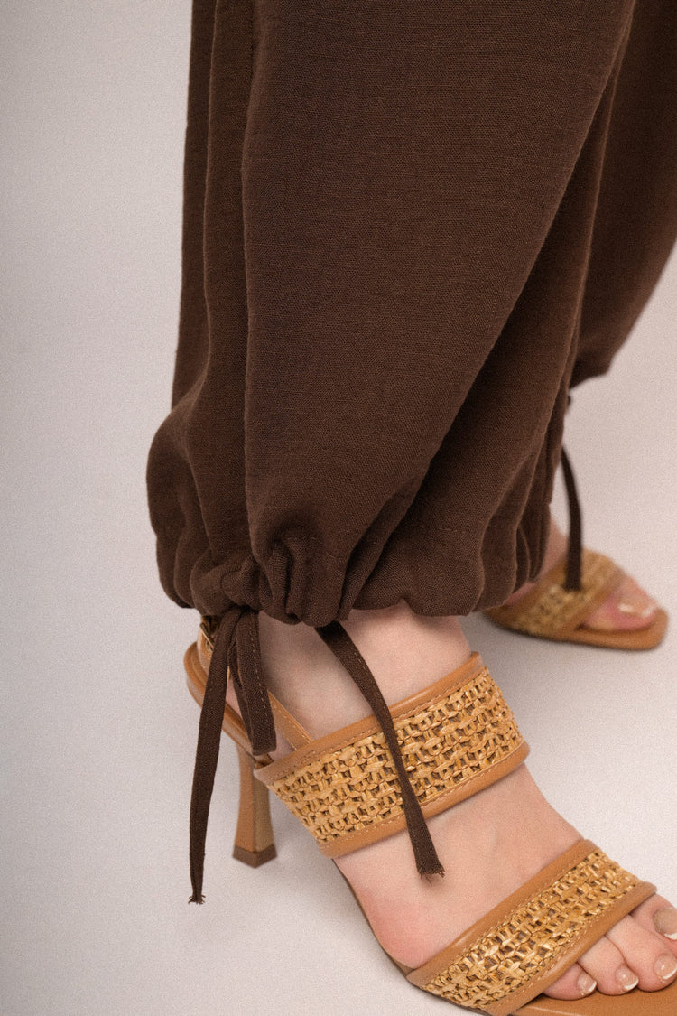 Chocolate drawstring hem wide-leg trousers