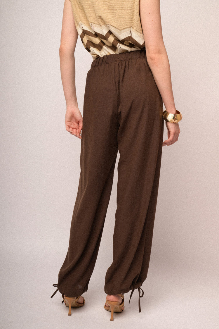 Chocolate drawstring hem wide-leg trousers