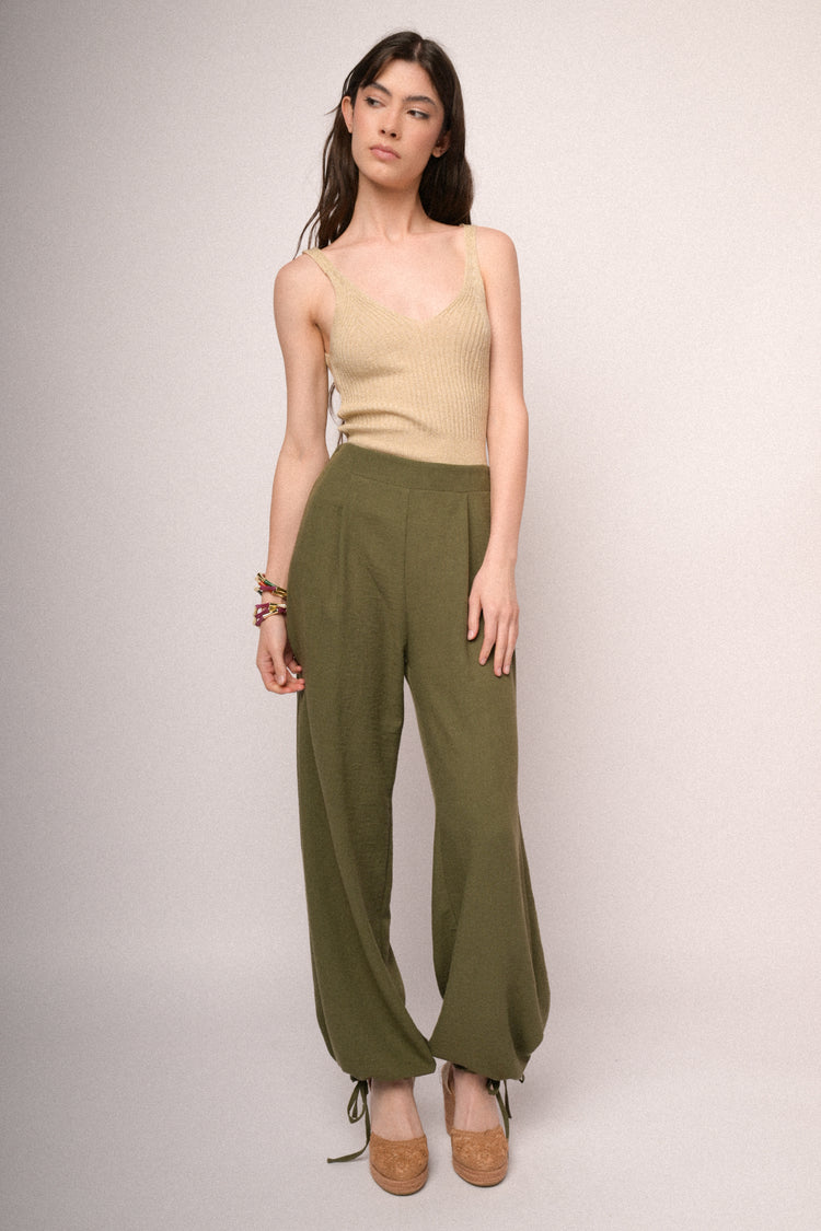 Olive green drawstring hem wide-leg trousers