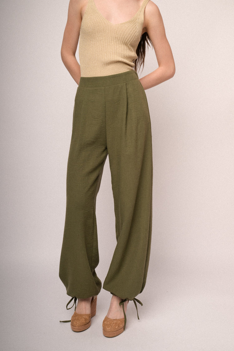 Olive green drawstring hem wide-leg trousers