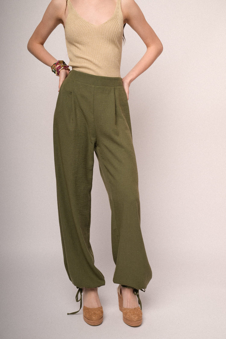Olive green drawstring hem wide-leg trousers