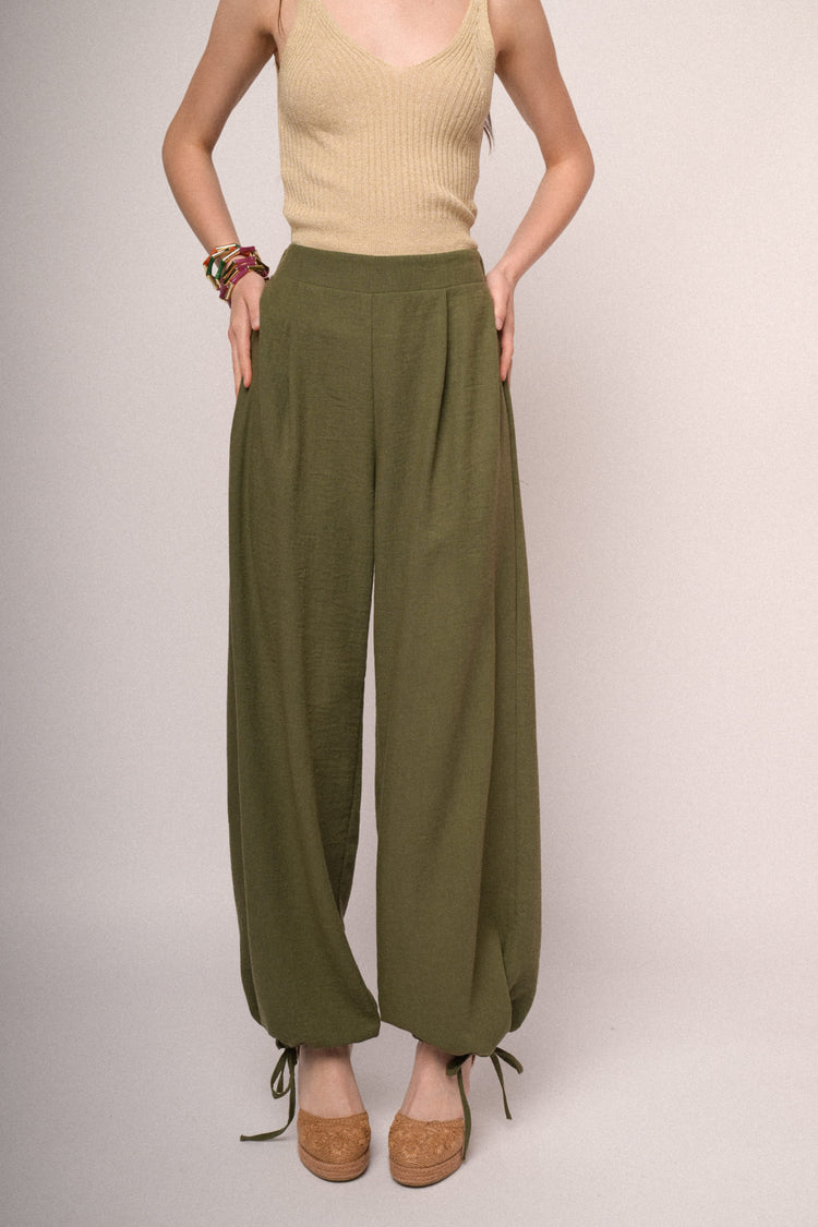 Olive green drawstring hem wide-leg trousers