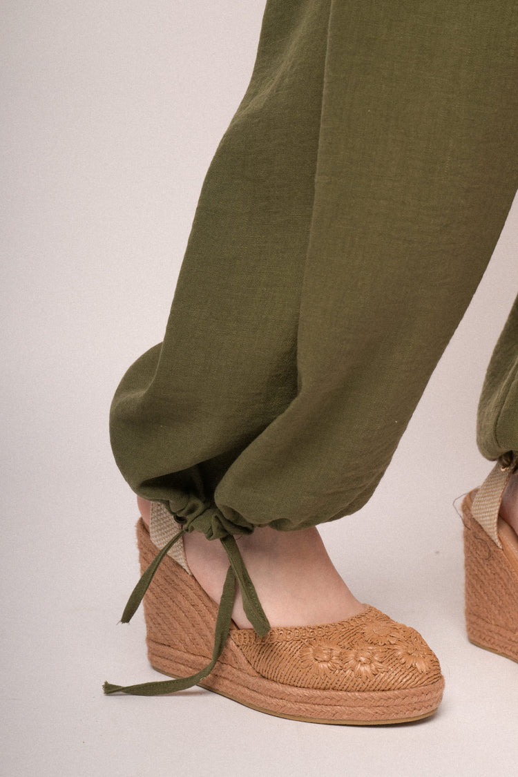 Olive green drawstring hem wide-leg trousers