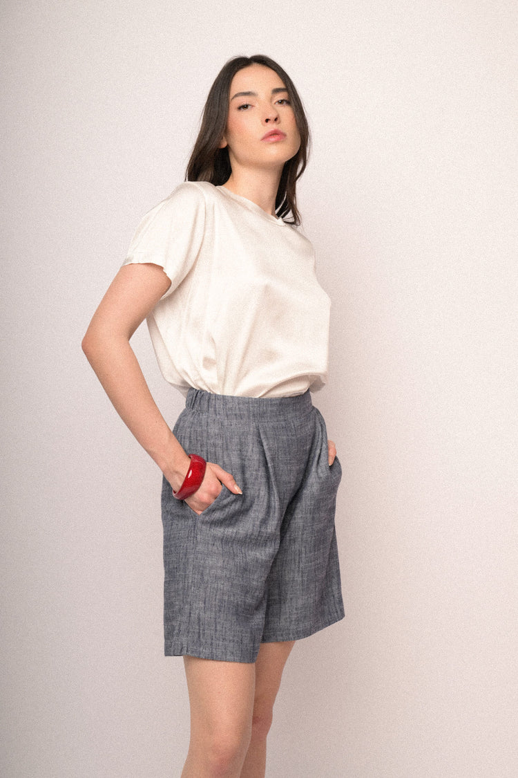 Heather blue viscose and linen-blend shorts