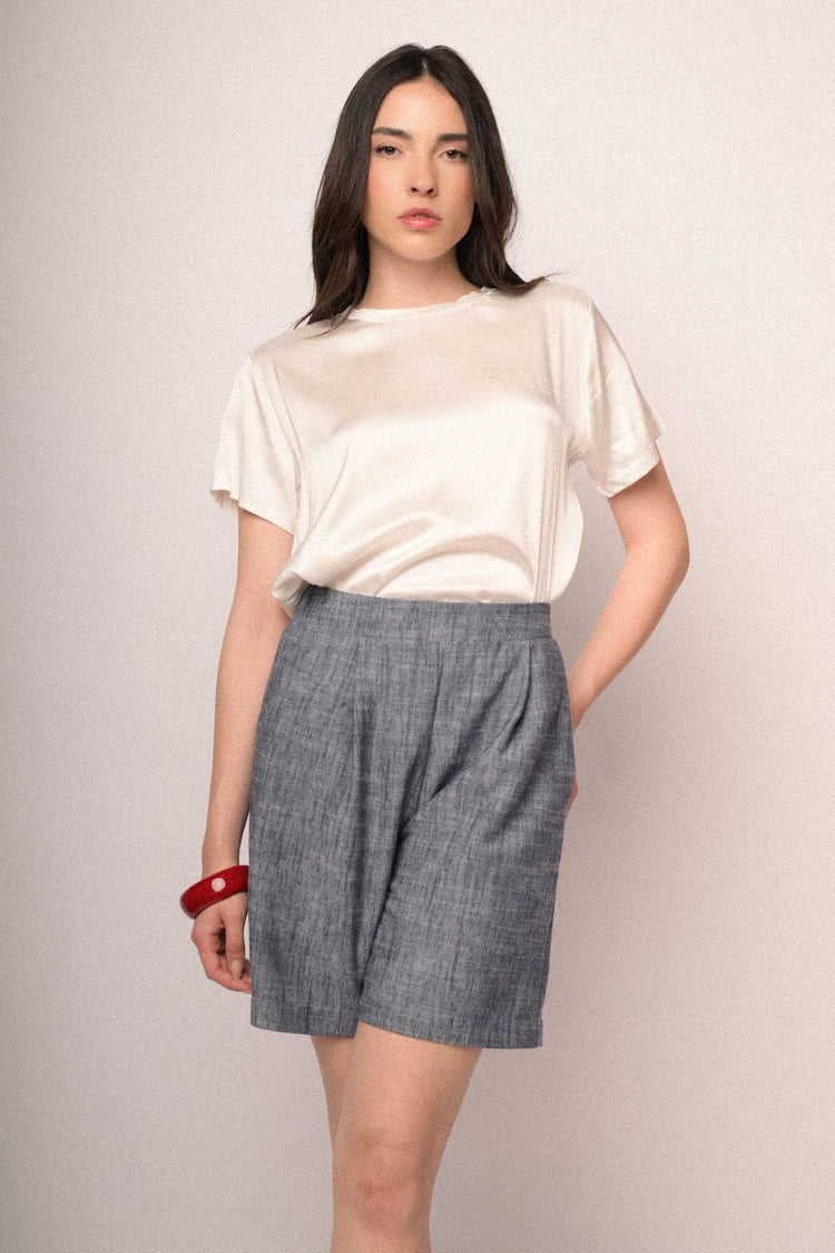 Heather blue viscose and linen-blend shorts