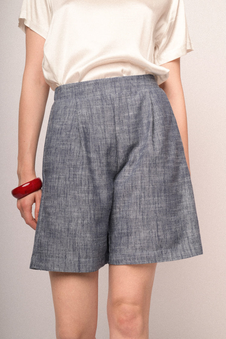 Heather blue viscose and linen-blend shorts