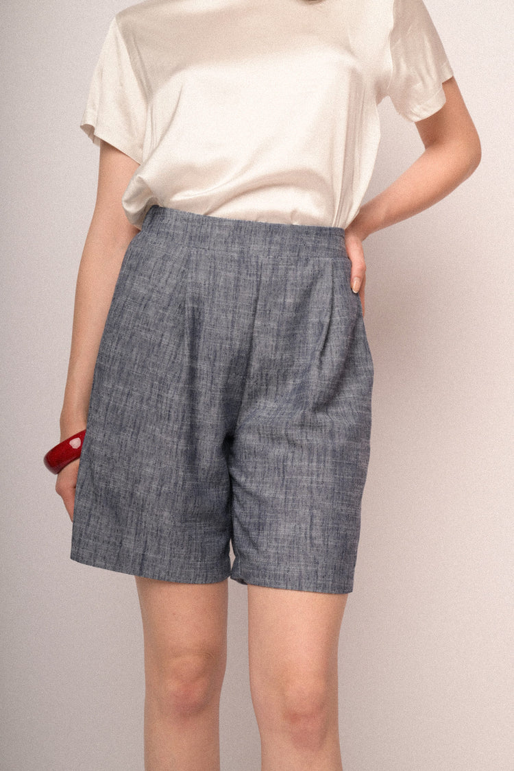 Heather blue viscose and linen-blend shorts