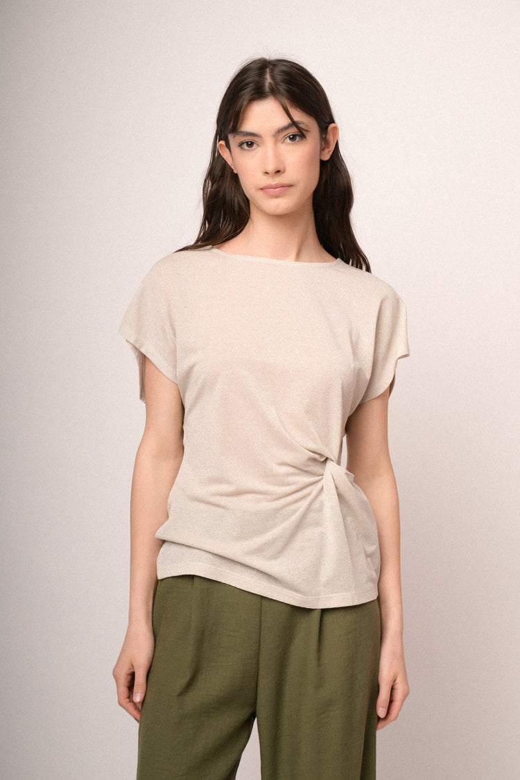 Ivory knot lurex knit t-shirt