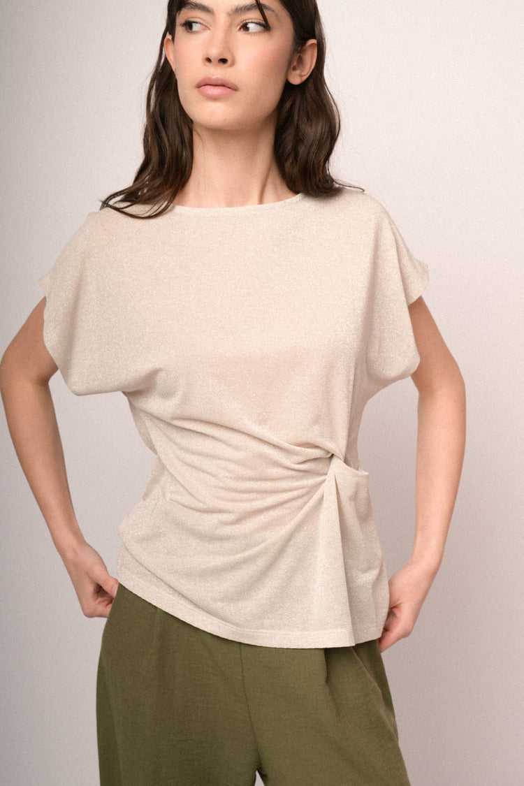 Ivory knot lurex knit t-shirt