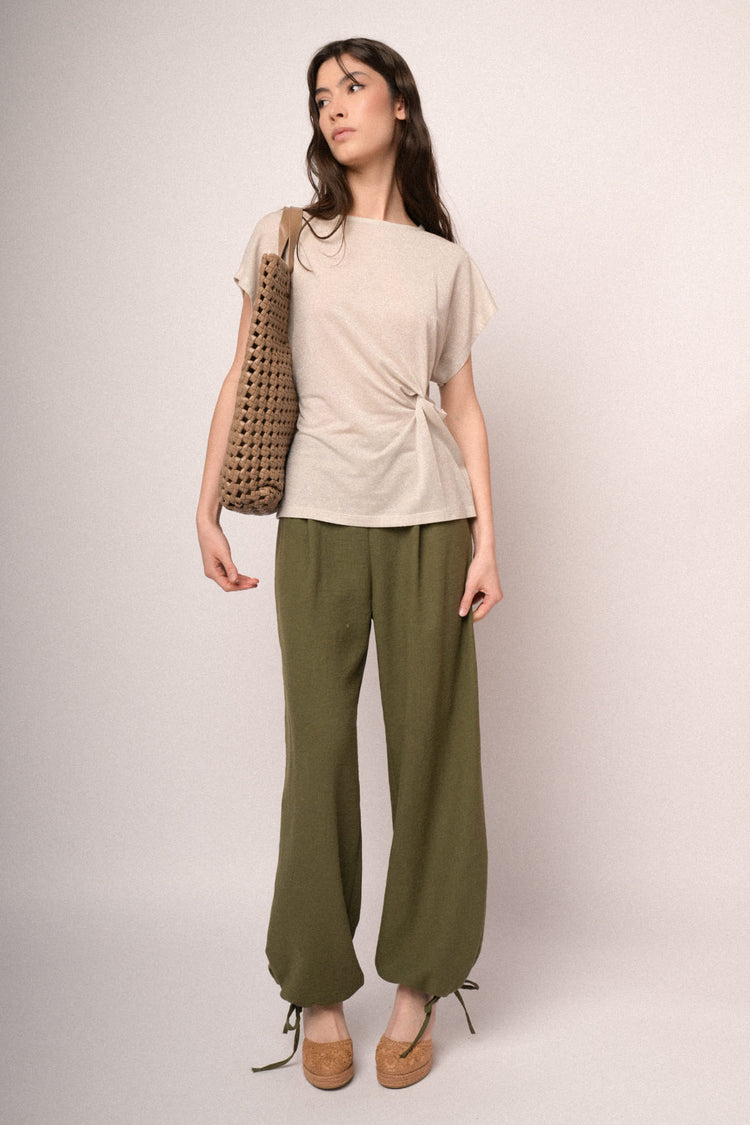 Ivory knot lurex knit t-shirt