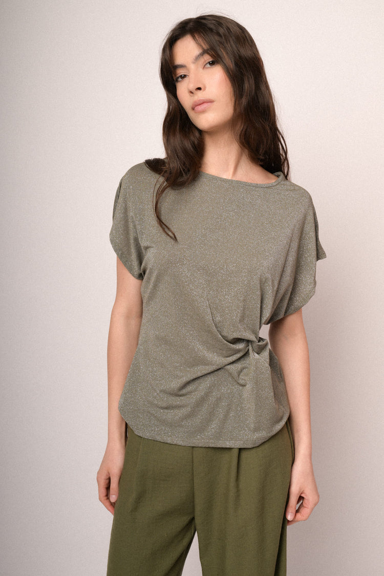Olive green knot lurex knit t-shirt