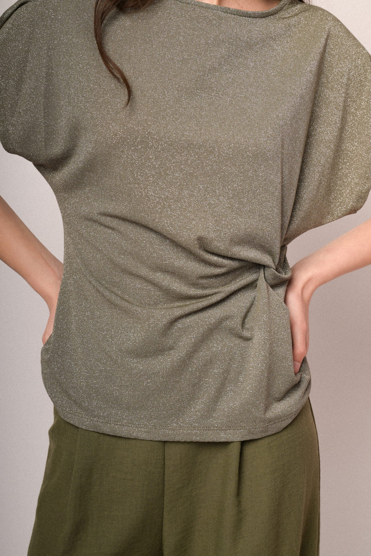 Olive green knot lurex knit t-shirt