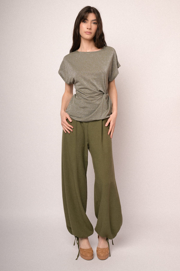 Olive green knot lurex knit t-shirt