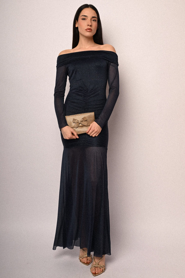 Off-the-shoulder glitter tulle long dress