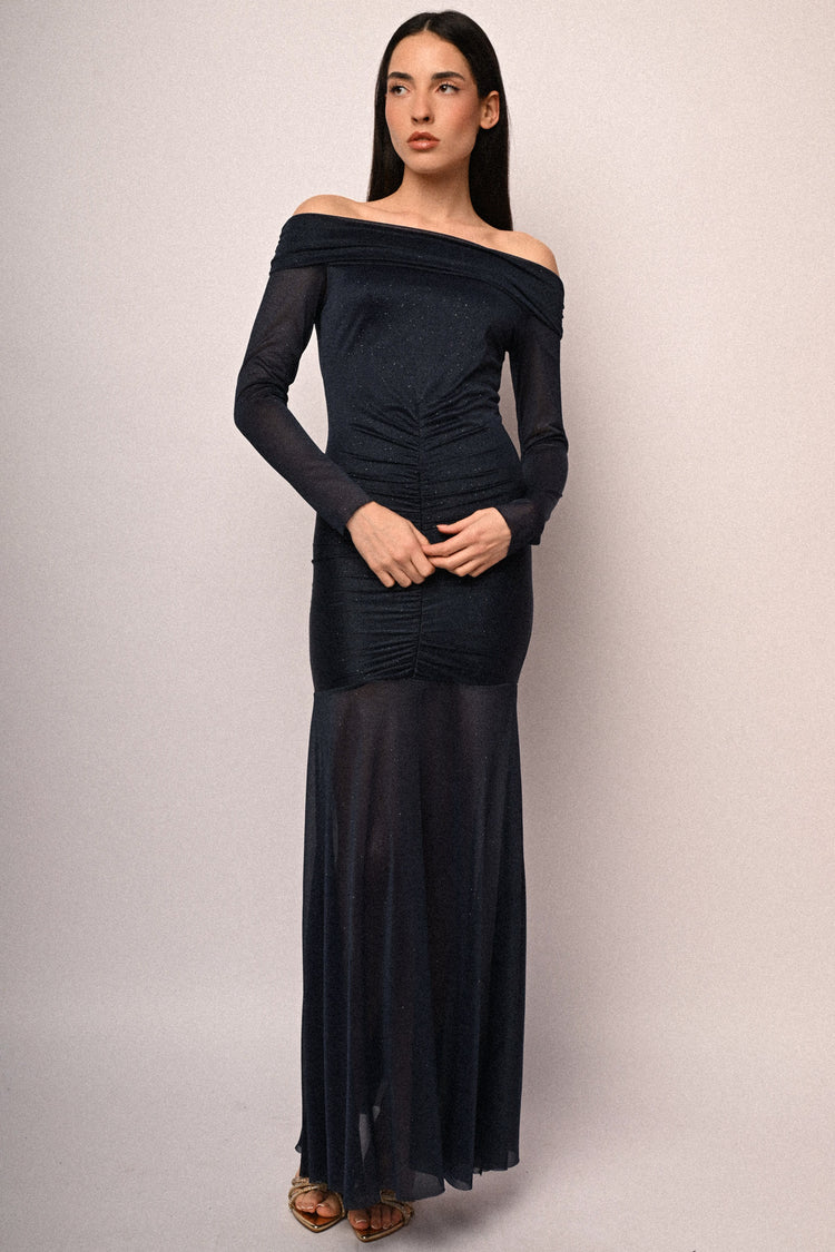 Off-the-shoulder glitter tulle long dress