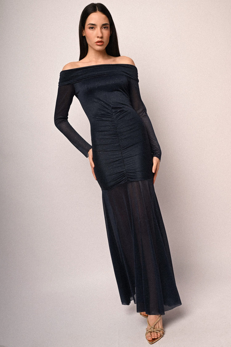 Off-the-shoulder glitter tulle long dress