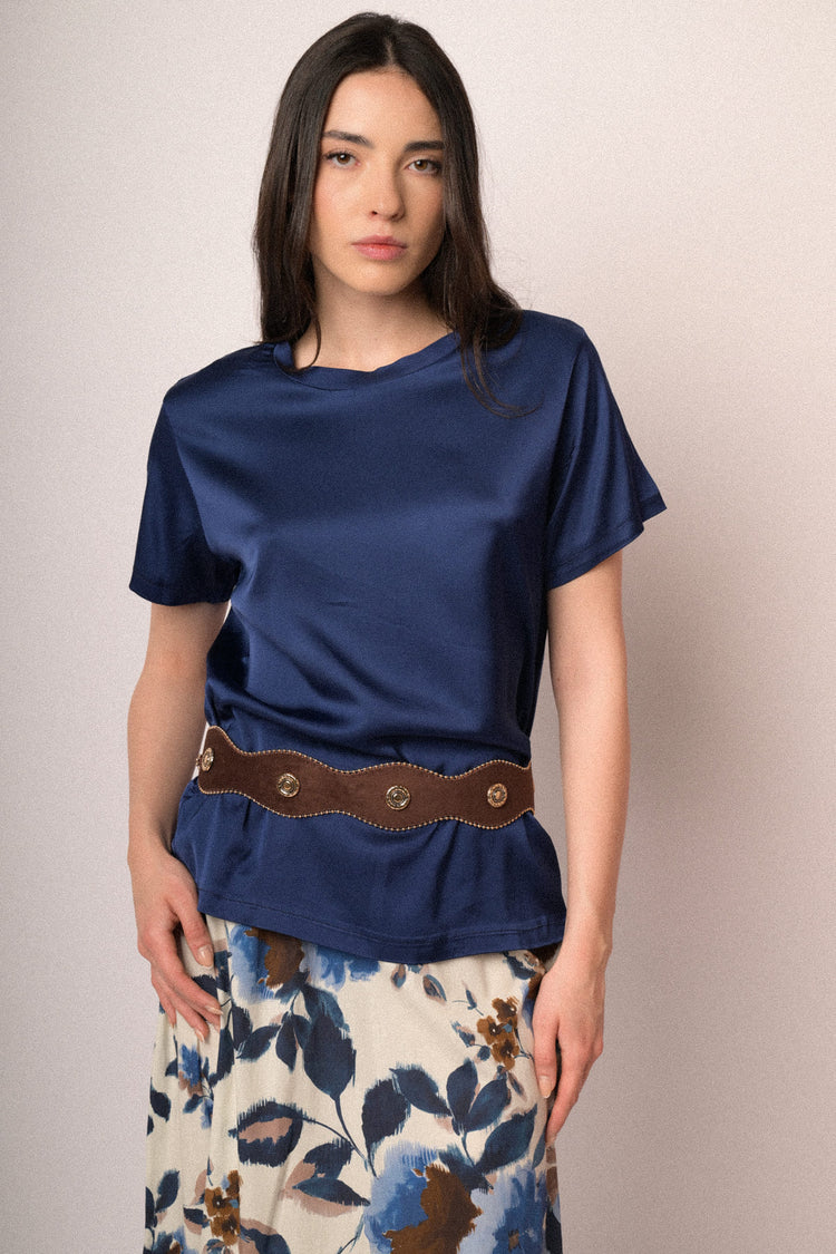 Blue satin viscose t-shirt