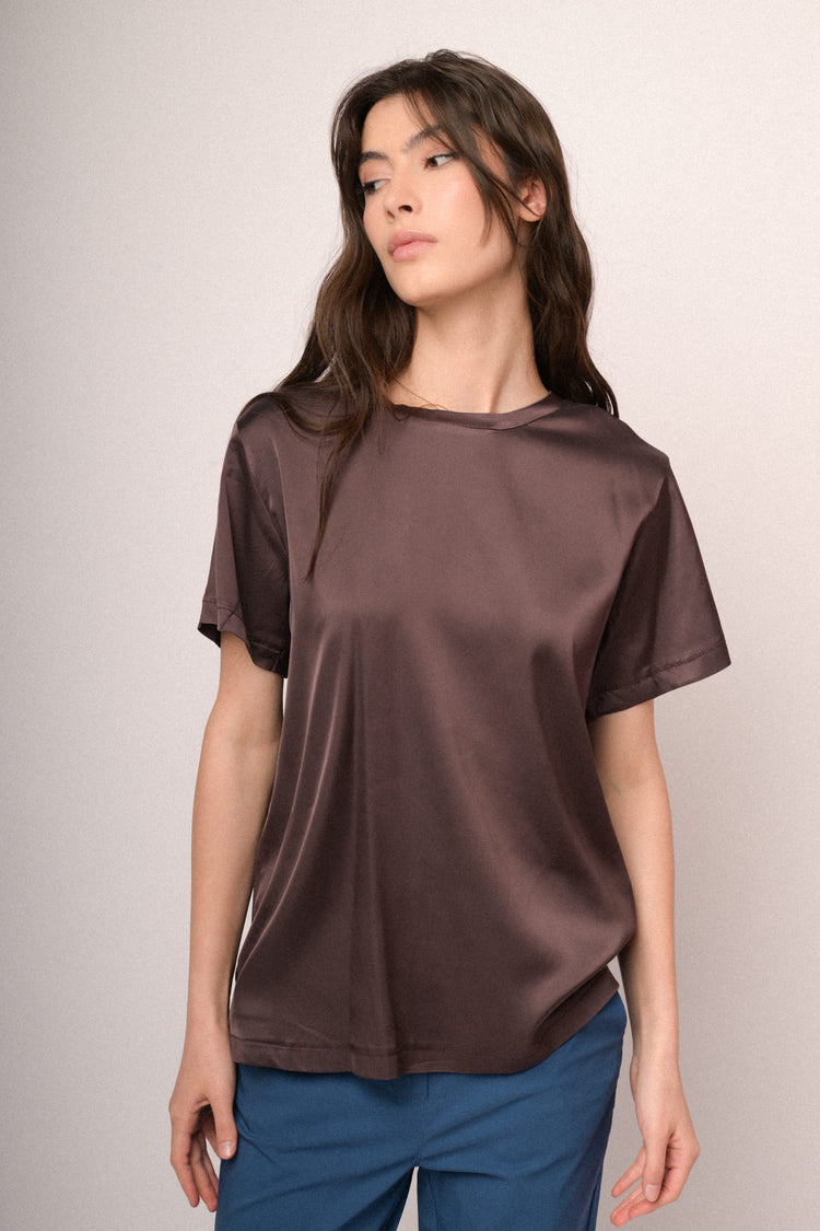 Chocolate satin viscose t-shirt