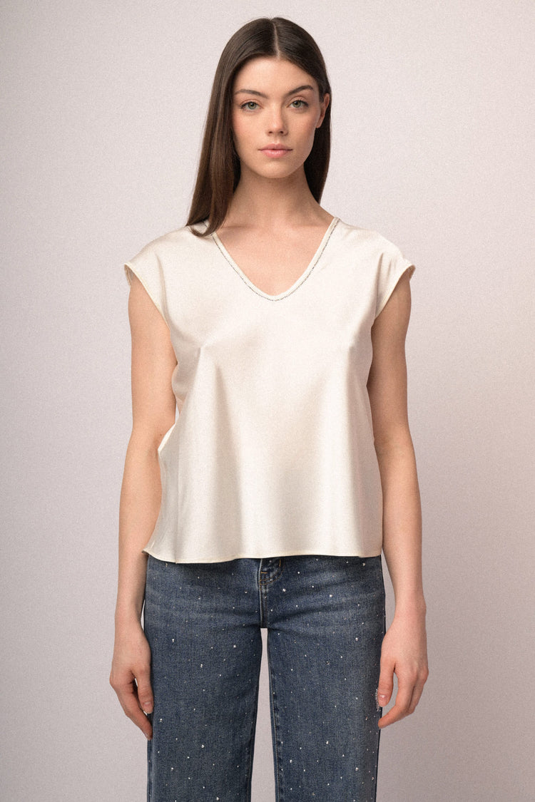 Rhinestone-collar satin top