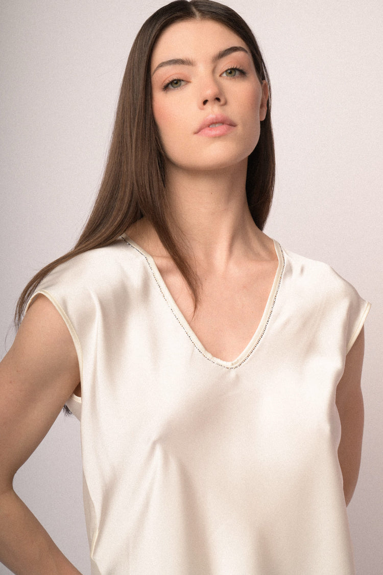Rhinestone-collar satin top
