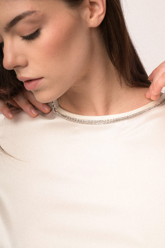 Rhinestone-collar satin top