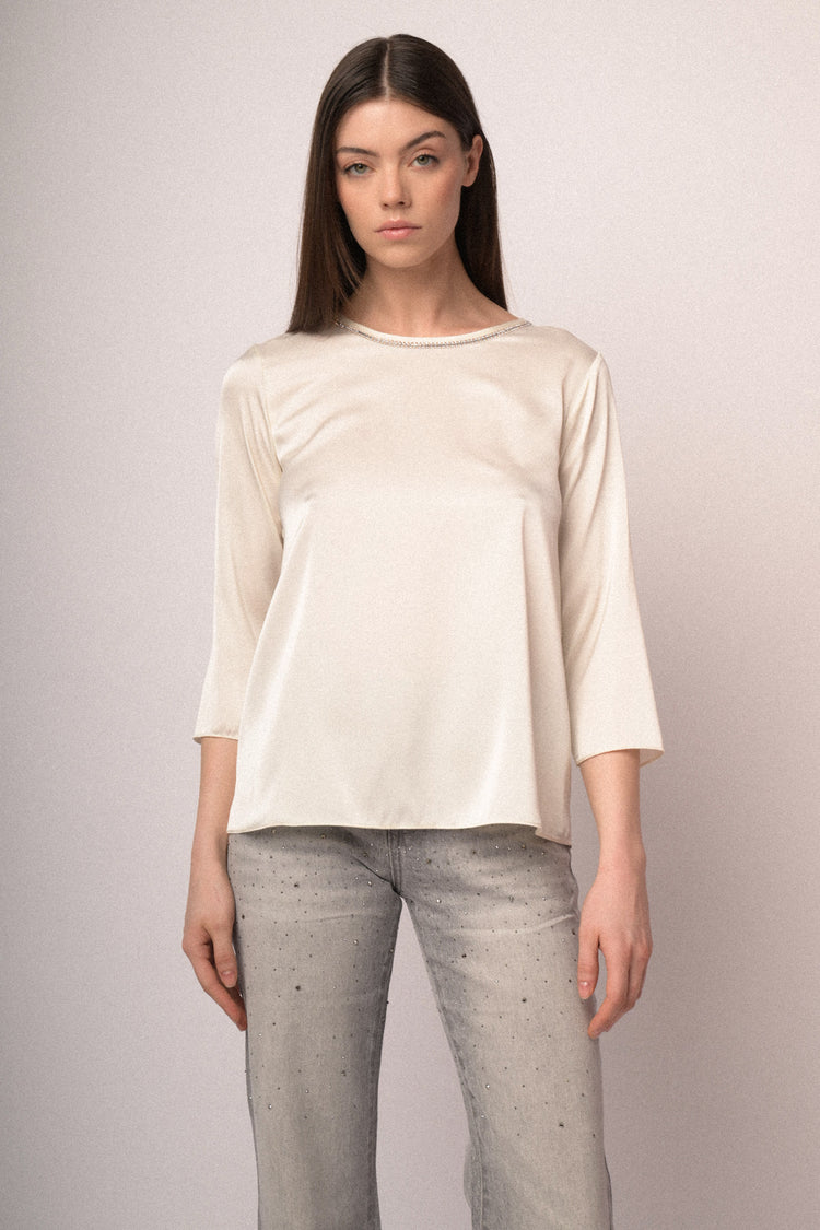 Rhinestone-collar satin top