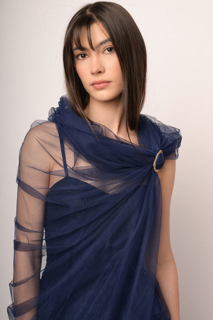 Jewel-buckle blue tulle shrug