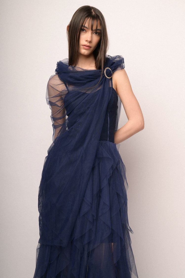 Jewel-buckle blue tulle shrug