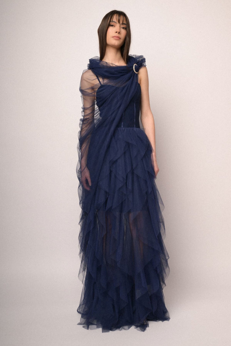 Jewel-buckle blue tulle shrug