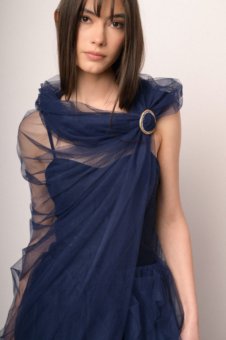 Jewel-buckle blue tulle shrug