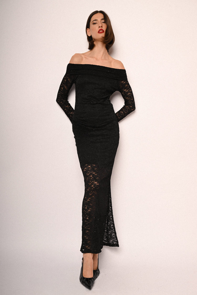 Lace & rhinestone off-the-shoulder long dress