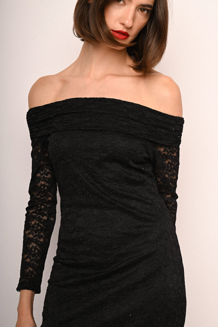 Lace & rhinestone off-the-shoulder long dress