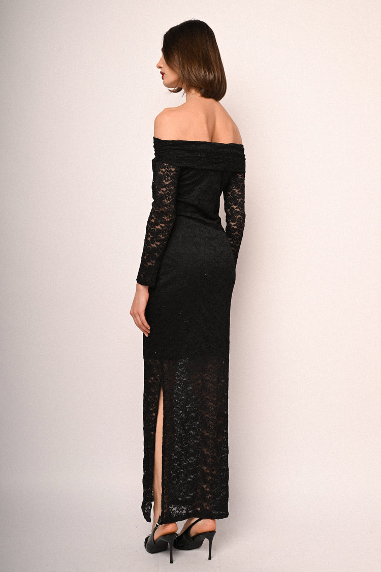 Lace & rhinestone off-the-shoulder long dress