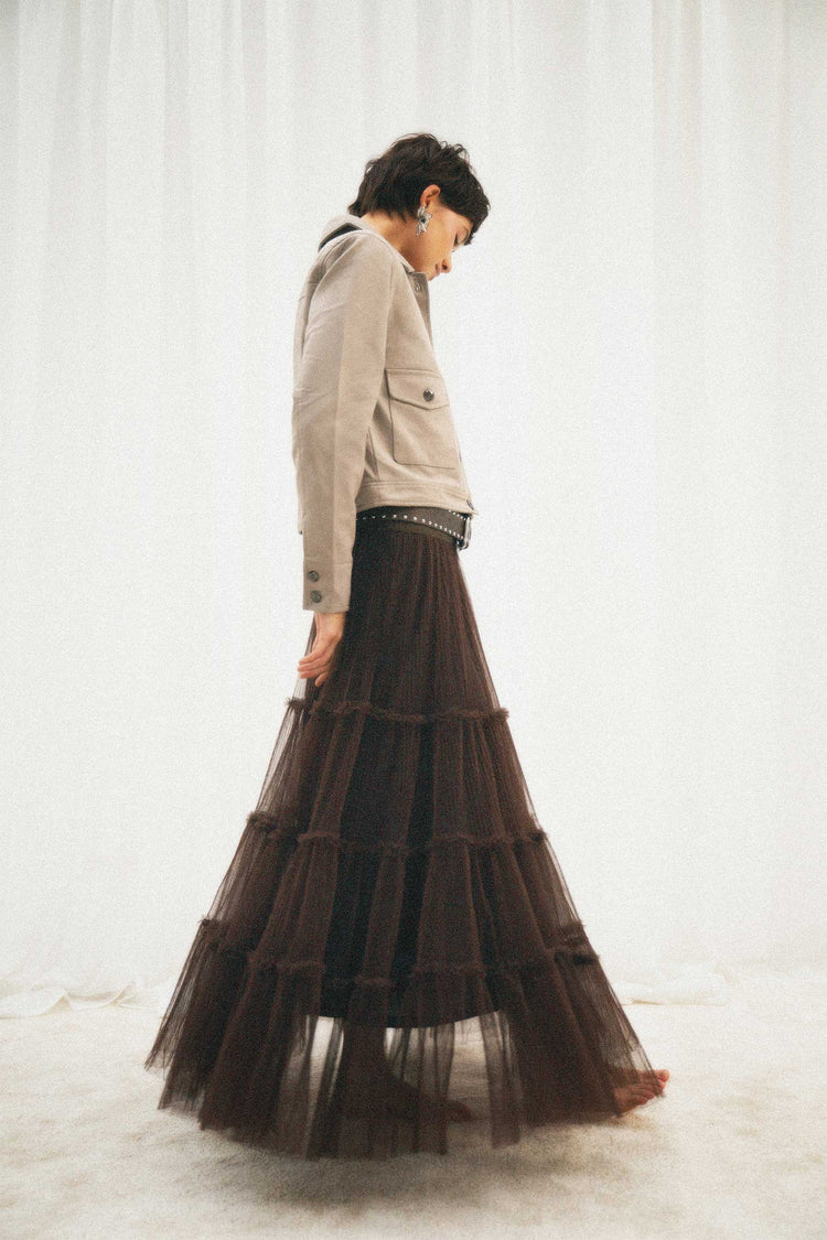 Chocolate tiered tulle maxi skirt