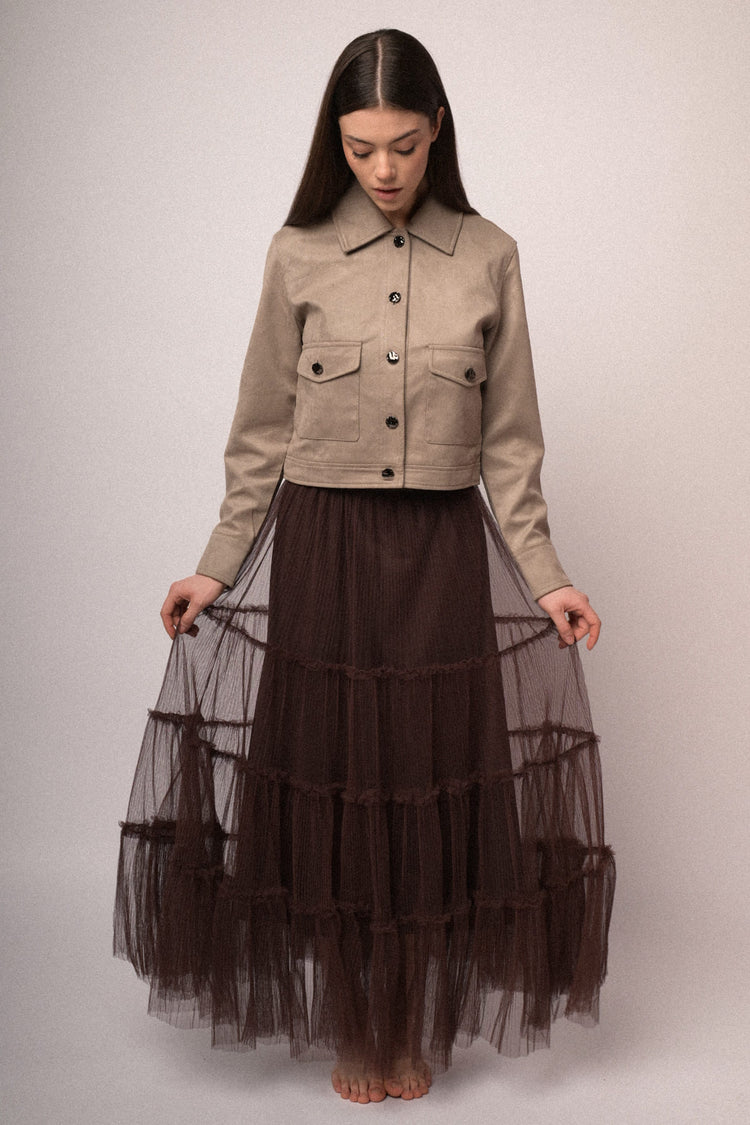 Chocolate tiered tulle maxi skirt