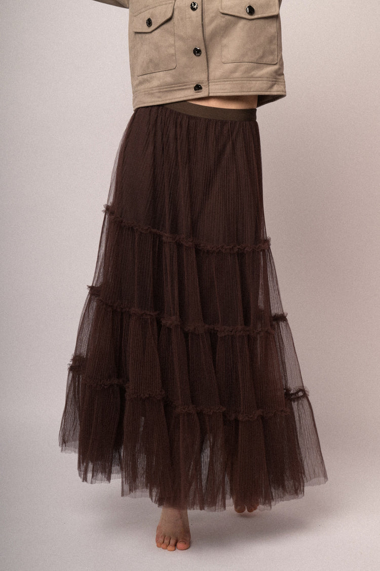Chocolate tiered tulle maxi skirt