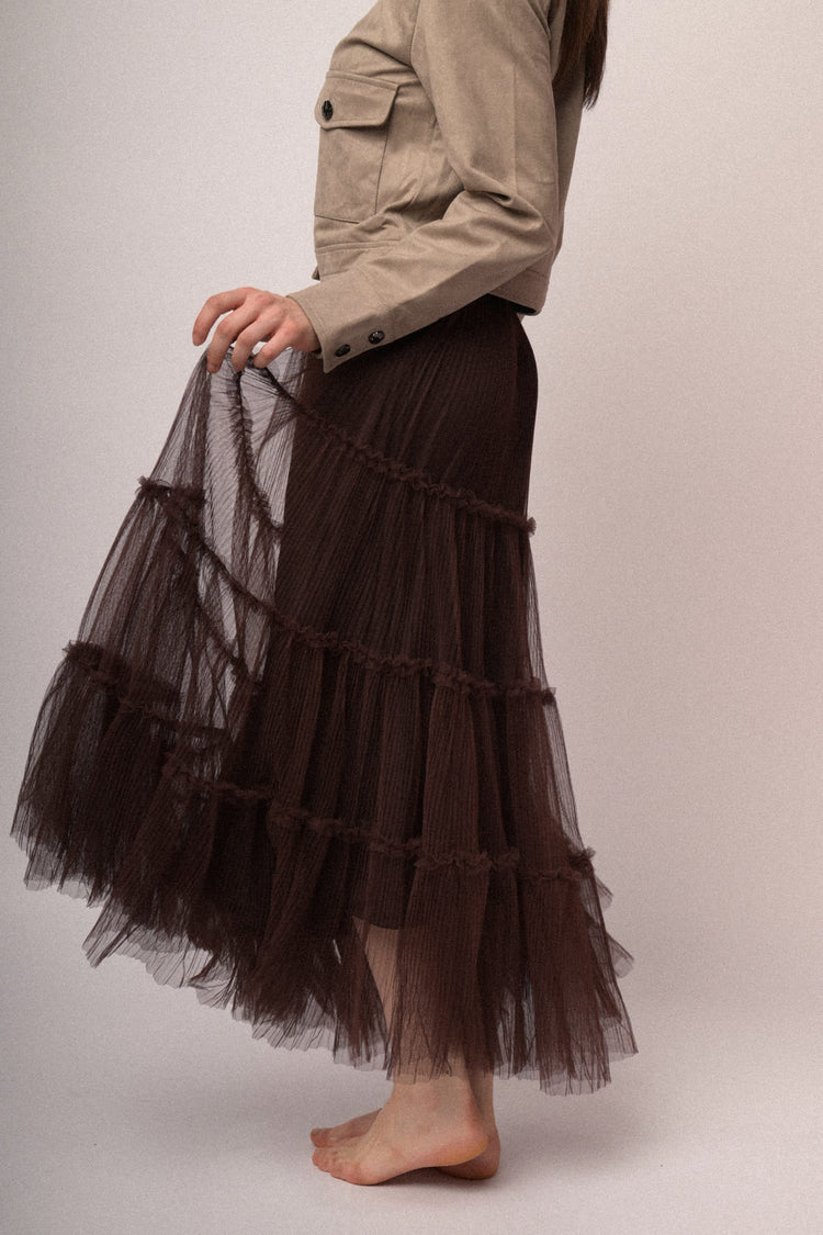 Chocolate tiered tulle maxi skirt