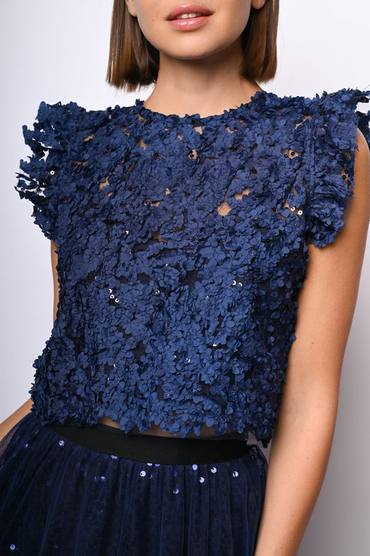 Sequins floral lace cropped top